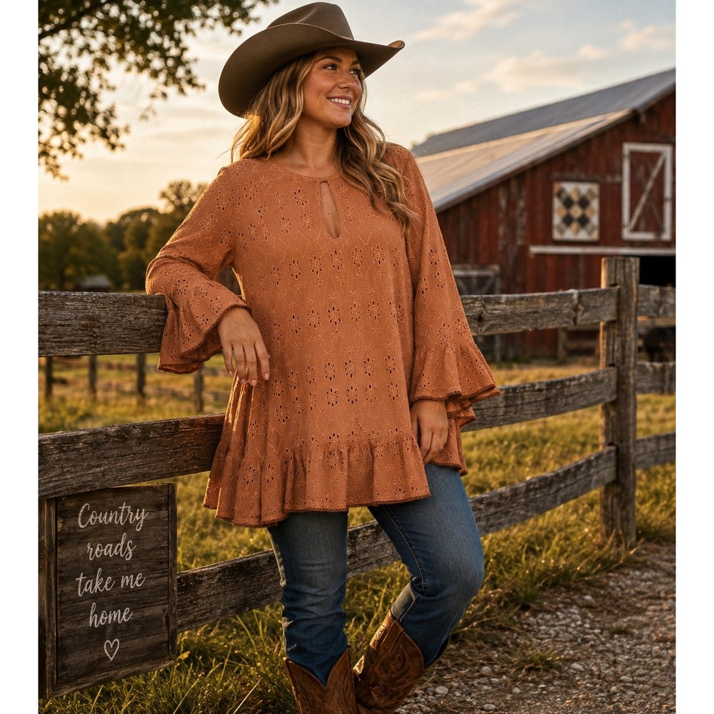 Shyanne Women Terracotta Rust Eyelet Embroidered Bell Sleeve Tunic Medium